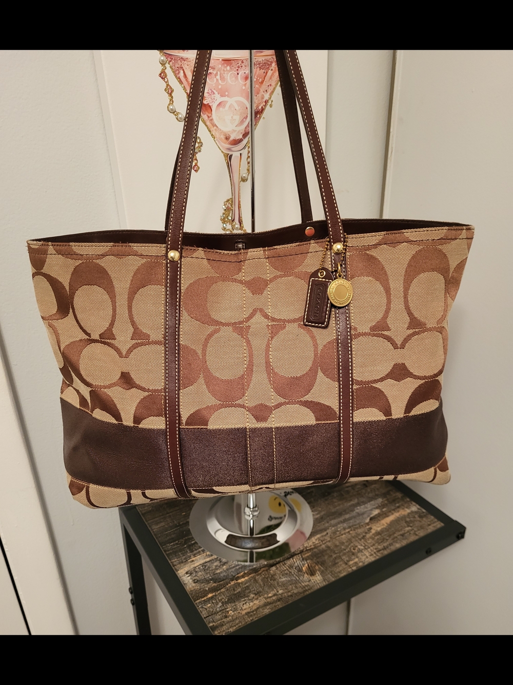 Coach  Legacy Tan Signature Canvas Tote with Brown Leather Trim
